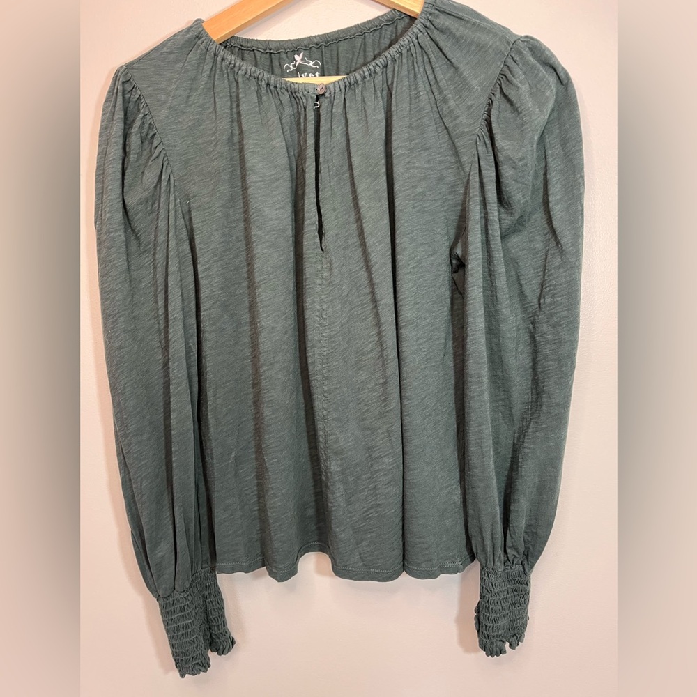 Velvet by Graham and Spencer Green Cotton Women's Peasant Top Blouse XS